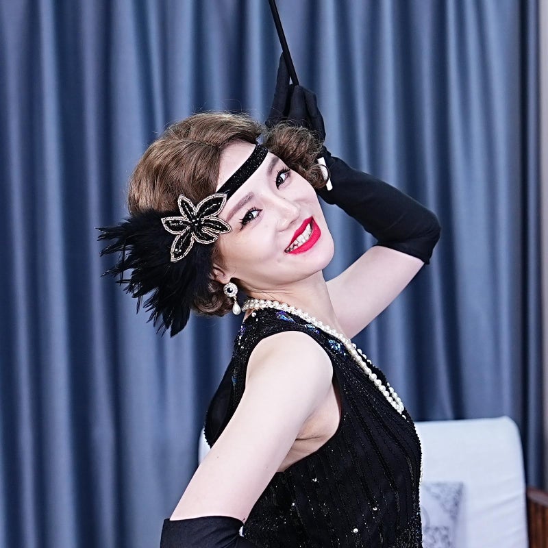 LOWOSAIWOR 1920s Headpiece For Women Flapper Headband For Girl Black 20s Headpiece for 20s Them Party(E Design) - Image 3